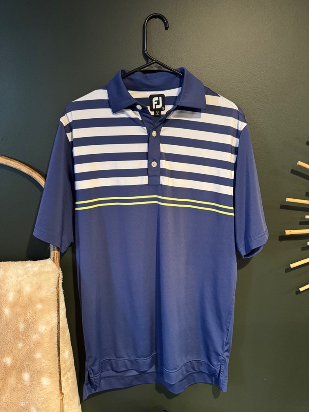 FootJoy Navy Polo with White Stripes and Yellow Accent